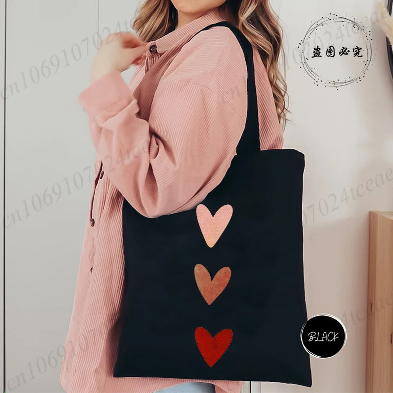 Harajuku Watercolor Heart Print Canvas Shopper Bag – Large Capacity Minimalist Shoulder Bag for Women