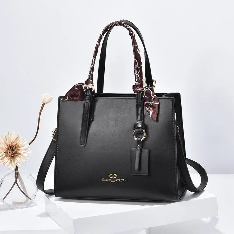 Elegant PU Square Tote Bag – Silk Scarf Crossbody Shoulder Handbag for Women