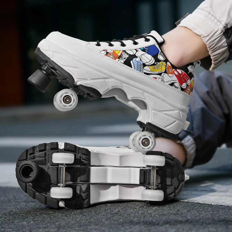 Fashionable 4-Wheel Roller Skate Shoes – Unisex Kids & Adult Outdoor Casual Wheeled Sneakers