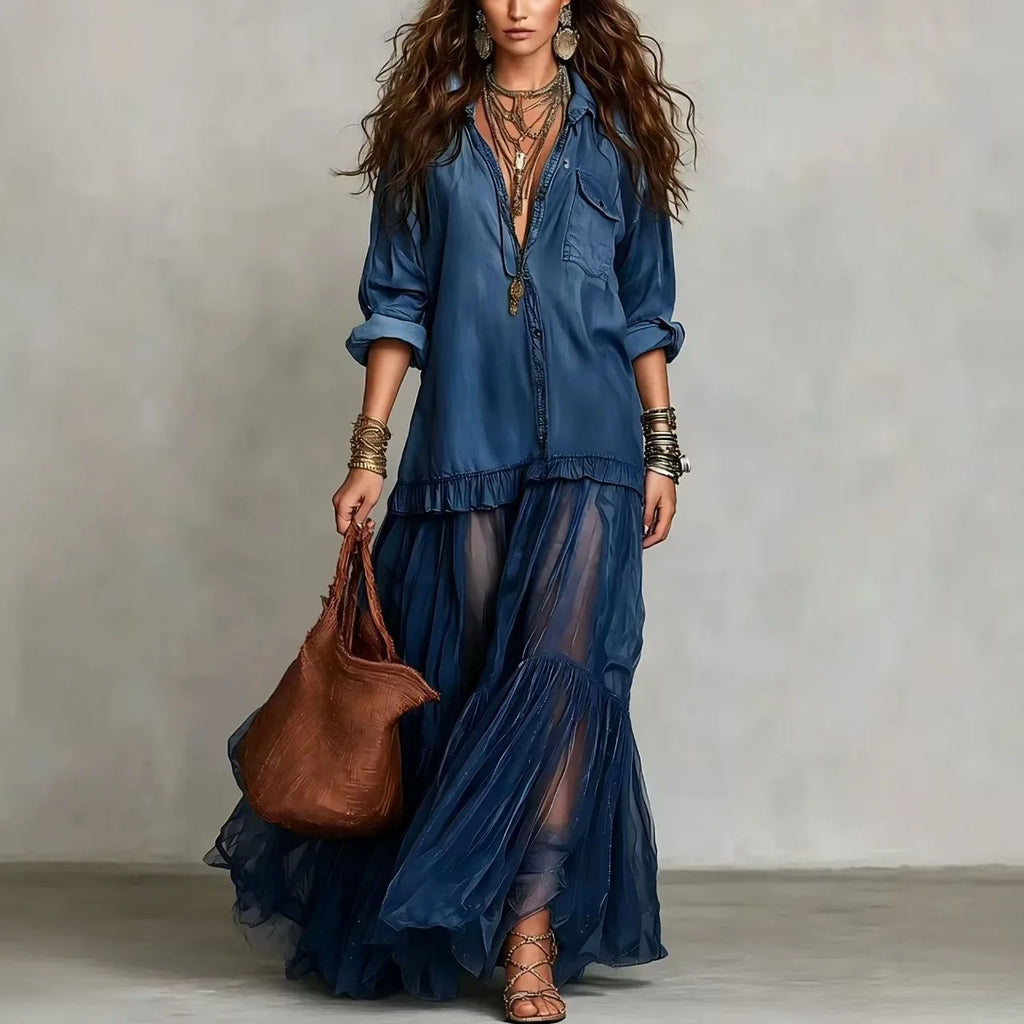 Denim Dress Women Dresses A Line Turn Down Collar Full Sleeve Ruffled Vintage Elegant Mesh Splice Work Causl Y2k Streetwear 2026
