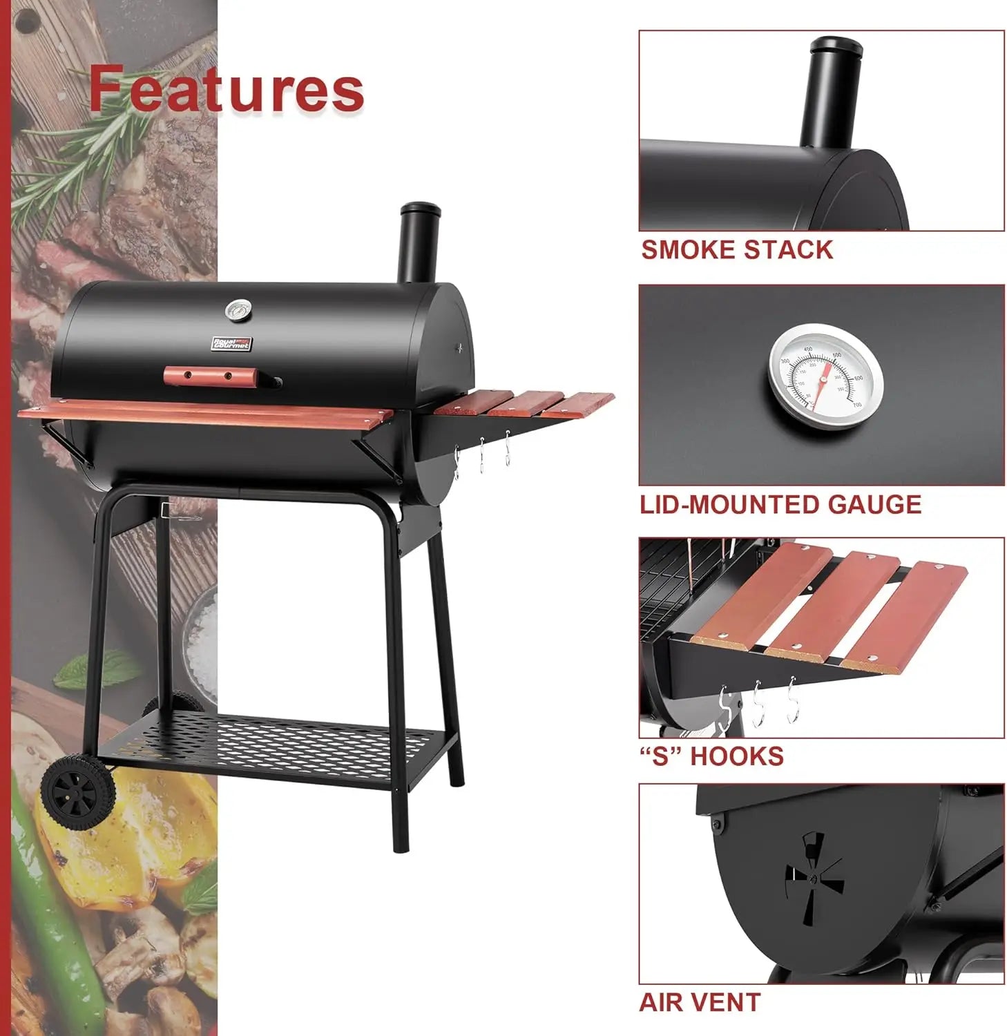 Charcoal BBQ Barrel Grill 30-Inch | 627 Sq. In. Cooking Surface, Woodgrain Side Table, Lid Thermometer, Adjustable Fire Grate, Outdoor Patio & Backyard