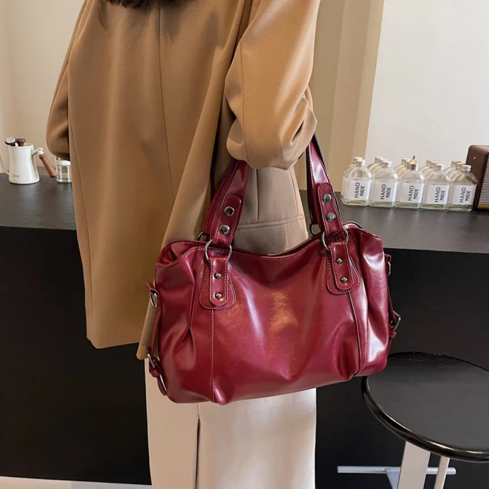 Retro Luxury PU Leather Tote Bag – Large Capacity Solid Color Crossbody Shoulder Bag for Women