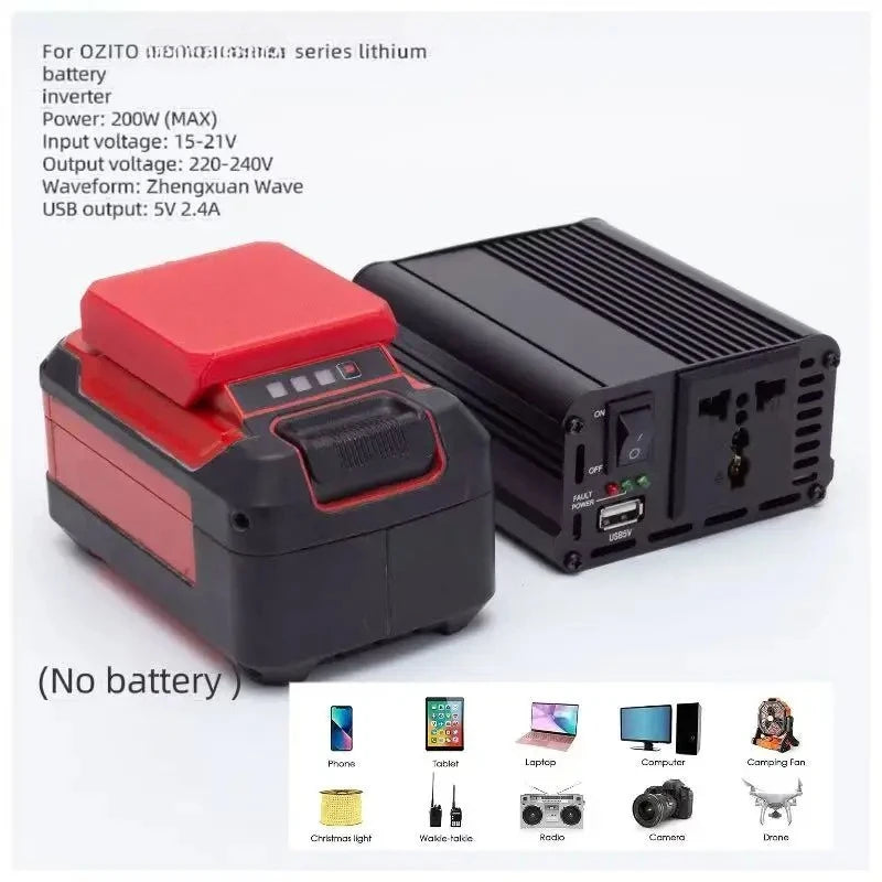 200W inverter for an Ozito 18V battery shown with AC outlets and USB ports; battery not included