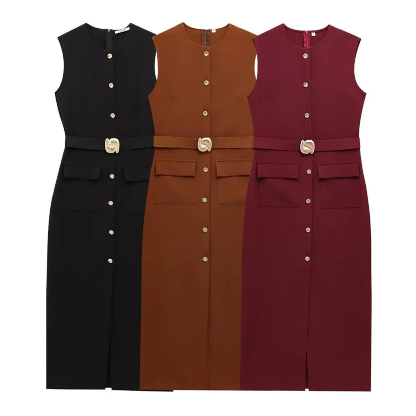 Button-Up Sleeveless Sundress — Slim A-Line Midi Casual Elegant Dress