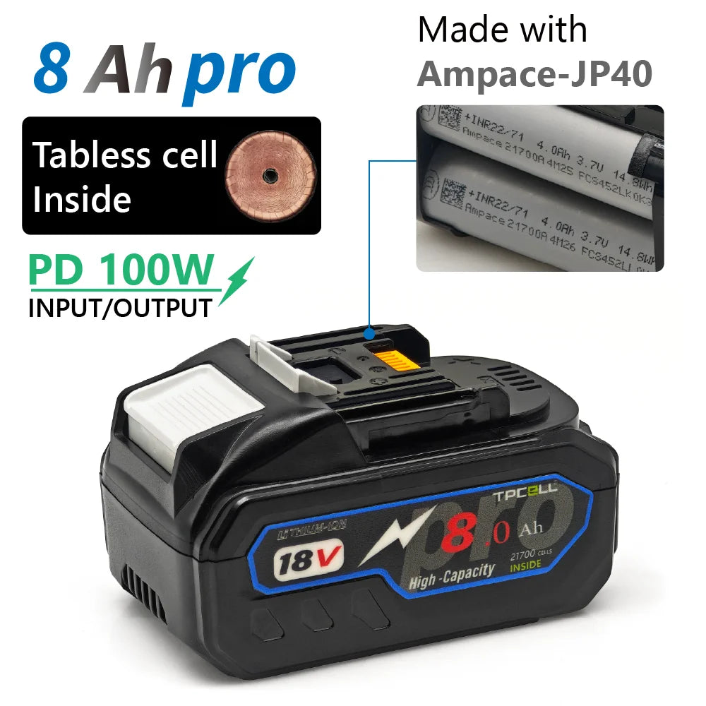 TPCELL PD100W Makita 18V Replacement Battery – 8Ah/10Ah Li-ion with USB-C Connector & 21700 Tabless Cells