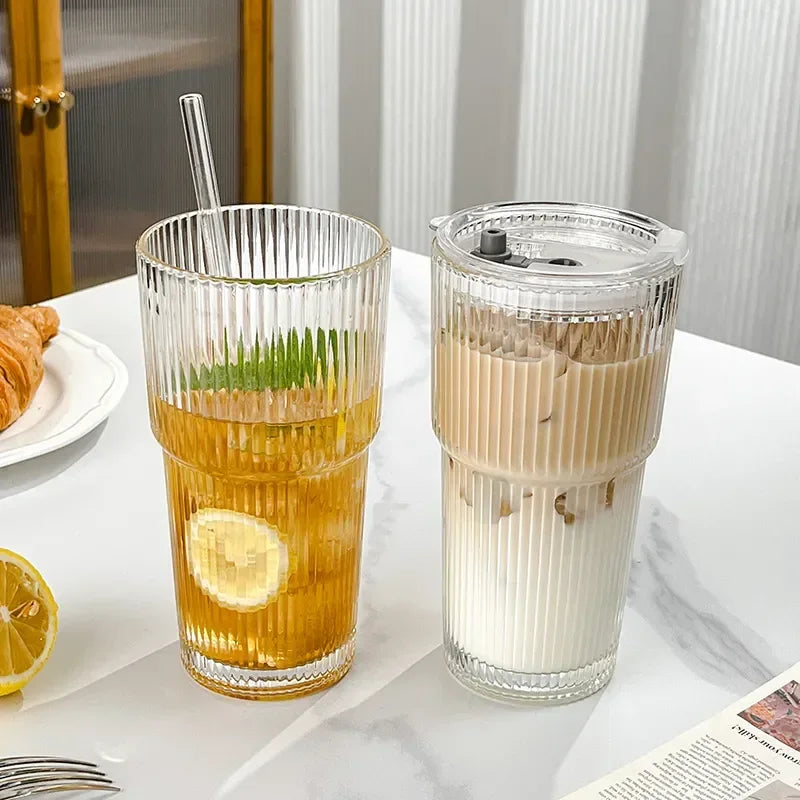 600ml Striped Borosilicate Glass Cup with Lid & Straw – Clear Iced Coffee & Smoothie Glass, CE Certified