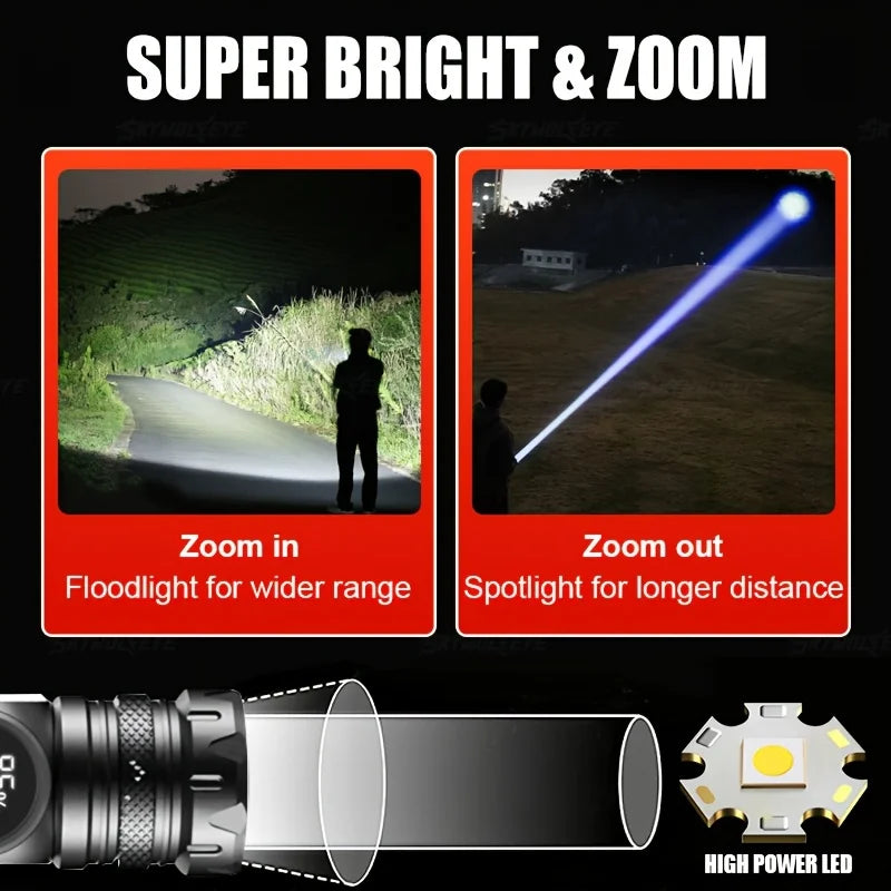 Magnetic Tactical LED Flashlight with COB Side Light – USB Rechargeable, 5 Modes, Zoomable