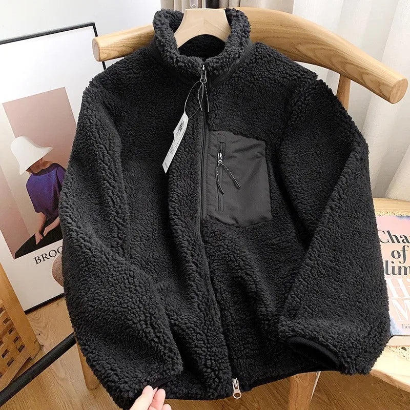 Japanese Fleece Zip Jacket – Unisex Loose Warm Lamb Wool Coat for Couples