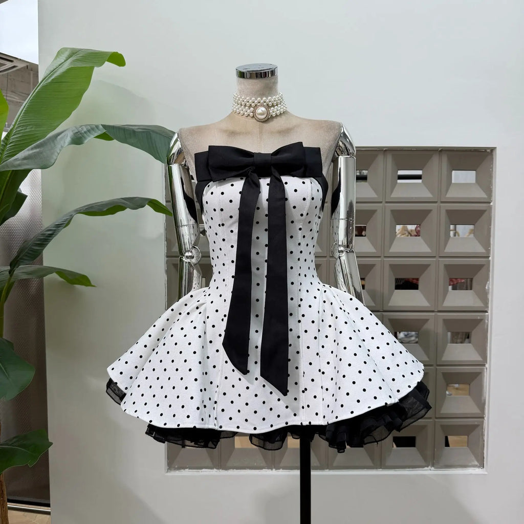 Women's Strapless Backless Polka Dot Bow A-Line Dress – Party Evening Ball Gown