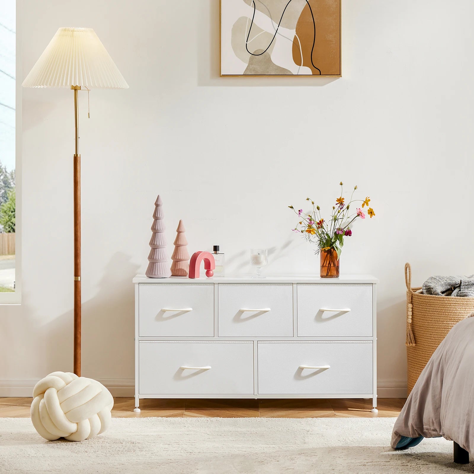 5-Drawer Fabric Dresser with Wooden Top & Metal Frame — Bedroom & Living Room Storage
