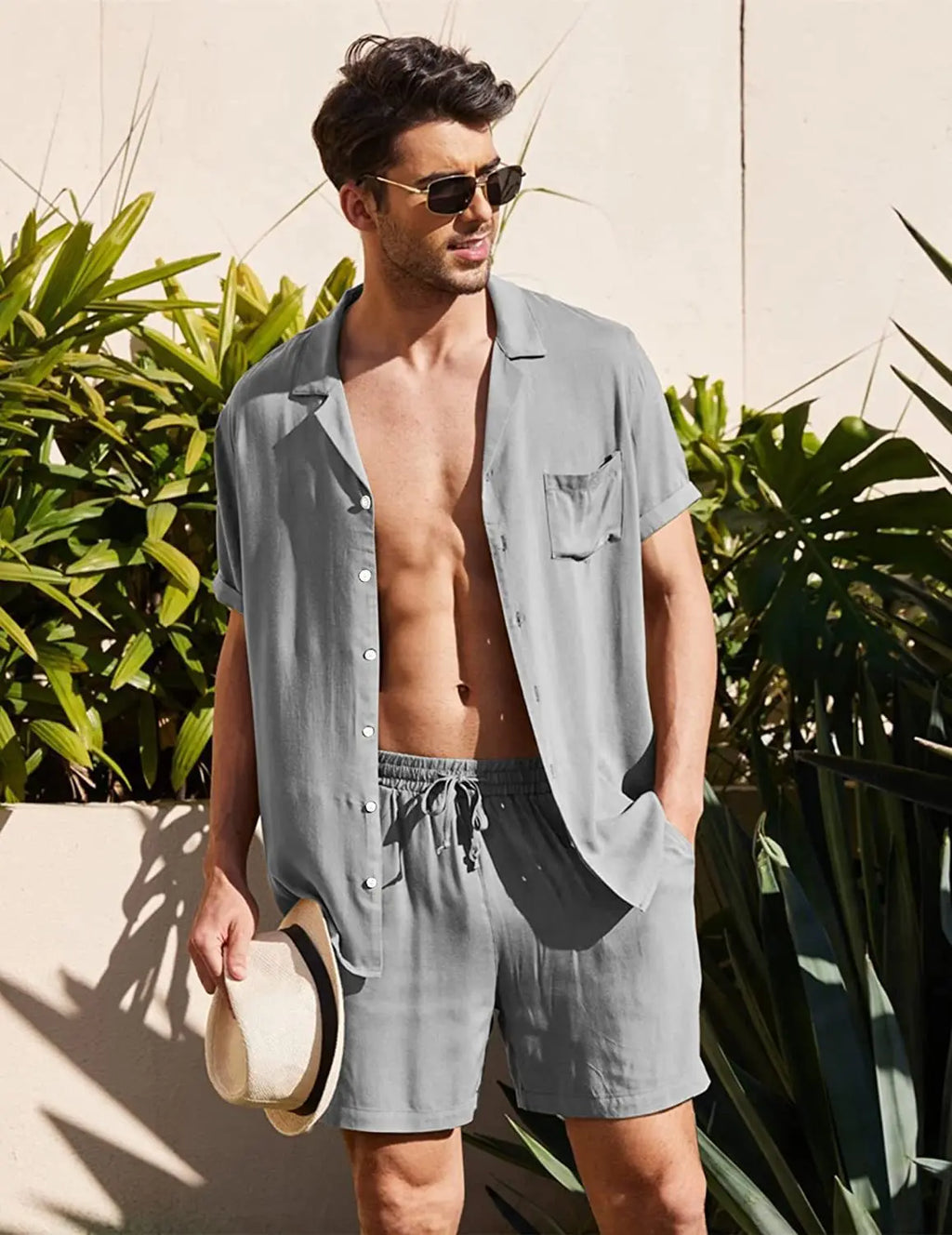 Men's Cotton Linen Short Sleeve Shirt & Shorts Set – Breathable Casual Beach Pajama 2-Piece