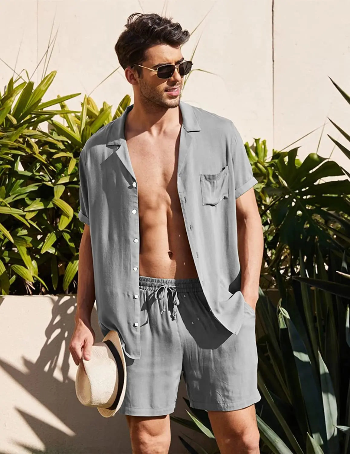 Men's Cotton Linen Short Sleeve Shirt & Shorts Set – Breathable Casual Beach Pajama 2-Piece