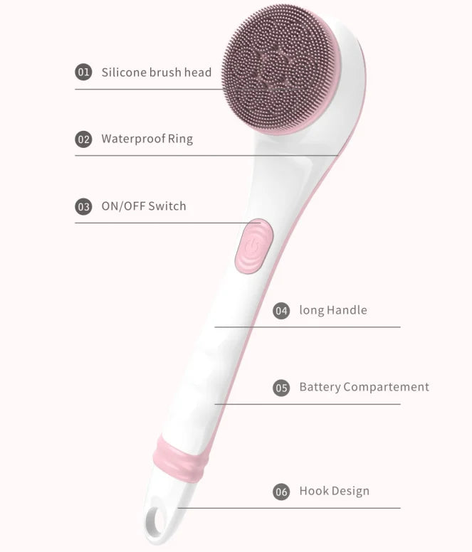 Electric Bath Brush with Long Handle – IPX6 Waterproof, 4 Replaceable Heads, Body Scrubber & Massager