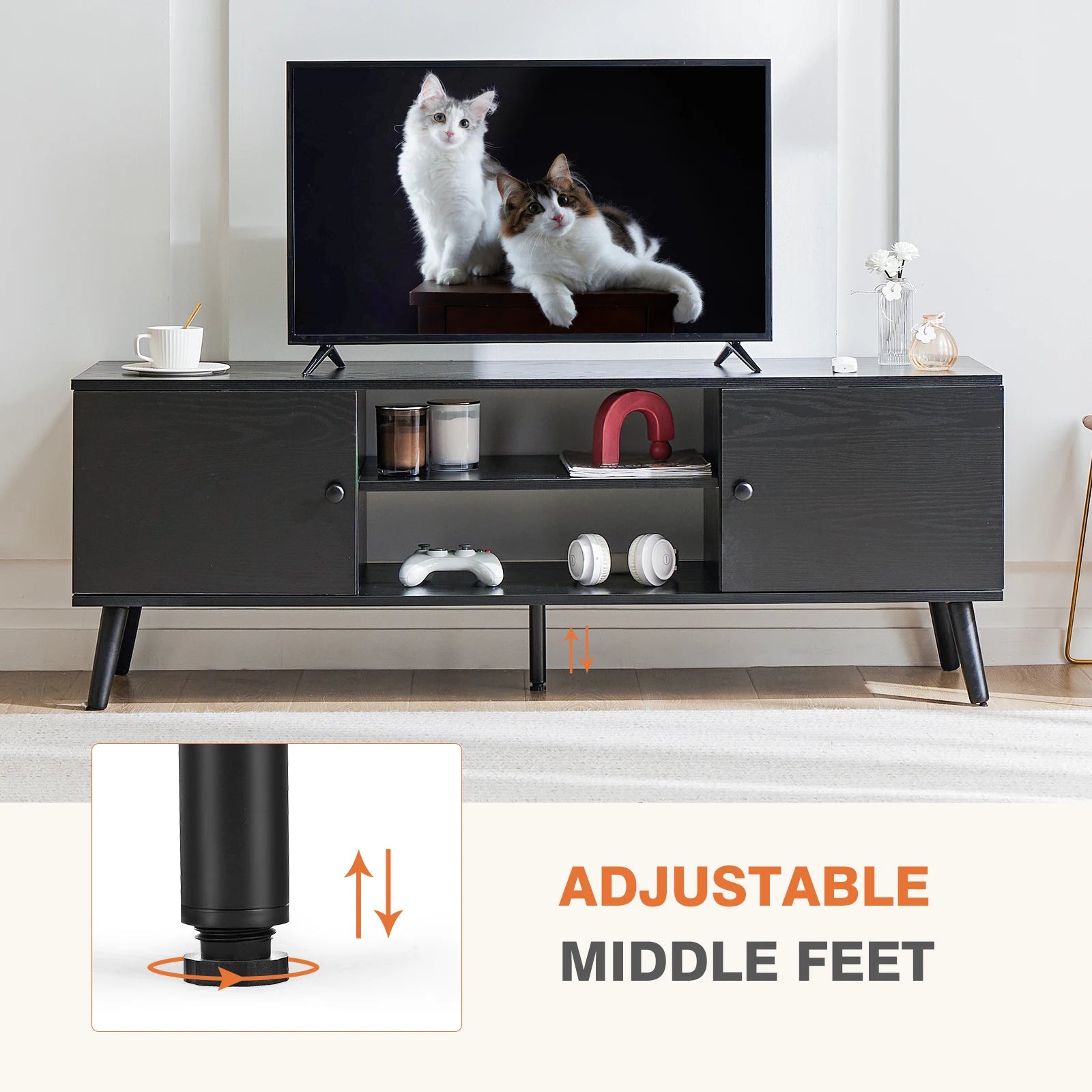 Wooden Fireplace TV Stand for 60" TVs — Entertainment Center with Adjustable Shelf & Storage