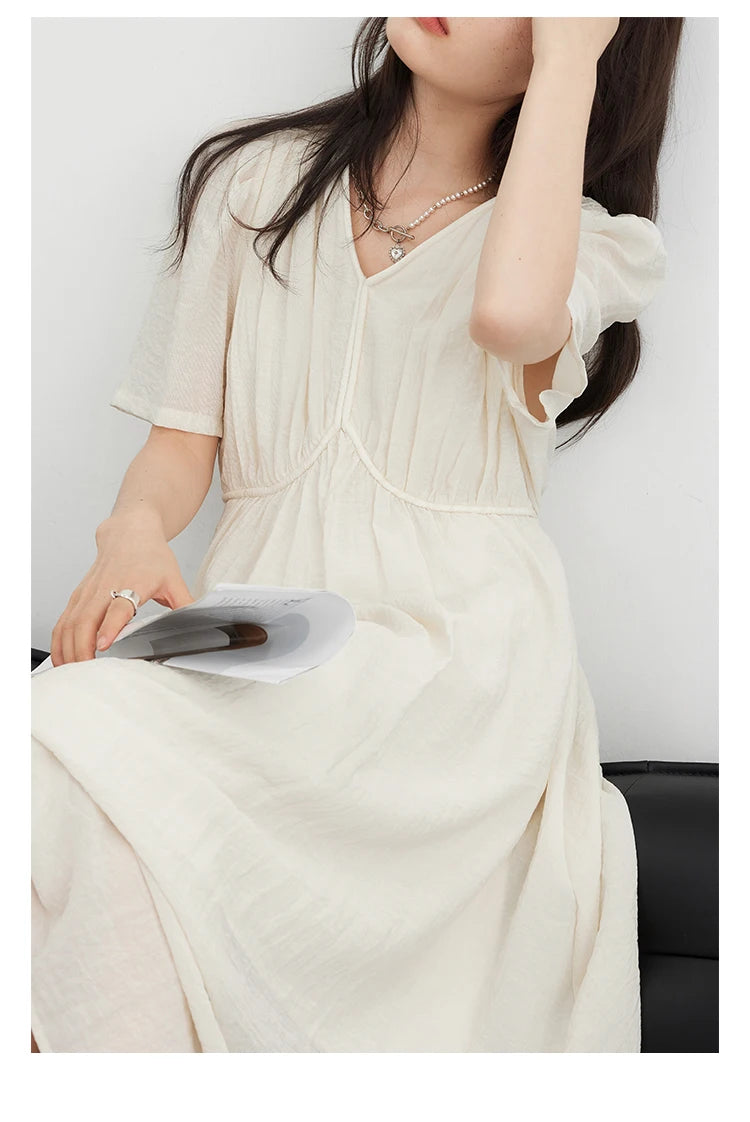 CHIC VEN Women Dresses French Style Vintage V-neck Puff Sleeve Long Dress Solid Black Loose Female Clothing Summer New 2023