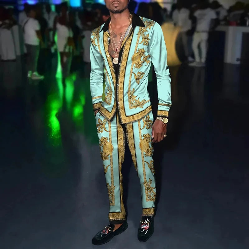 Men's 3D Retro Harajuku Print Long Sleeve Lapel Shirt & Long Pants 2-Piece Set