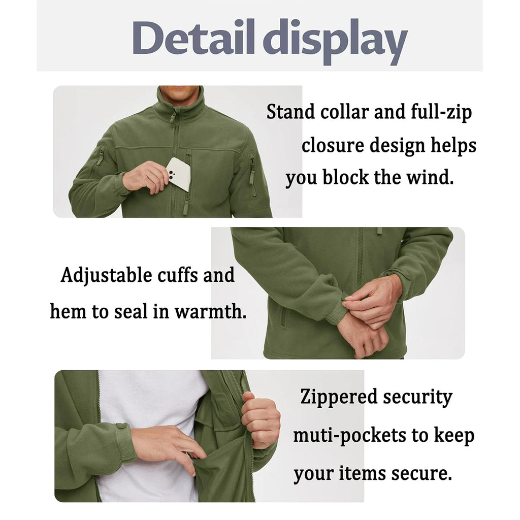Men's Full Zip Fleece Hiking Windbreaker — Multi-Pocket Outdoor Work Jacket
