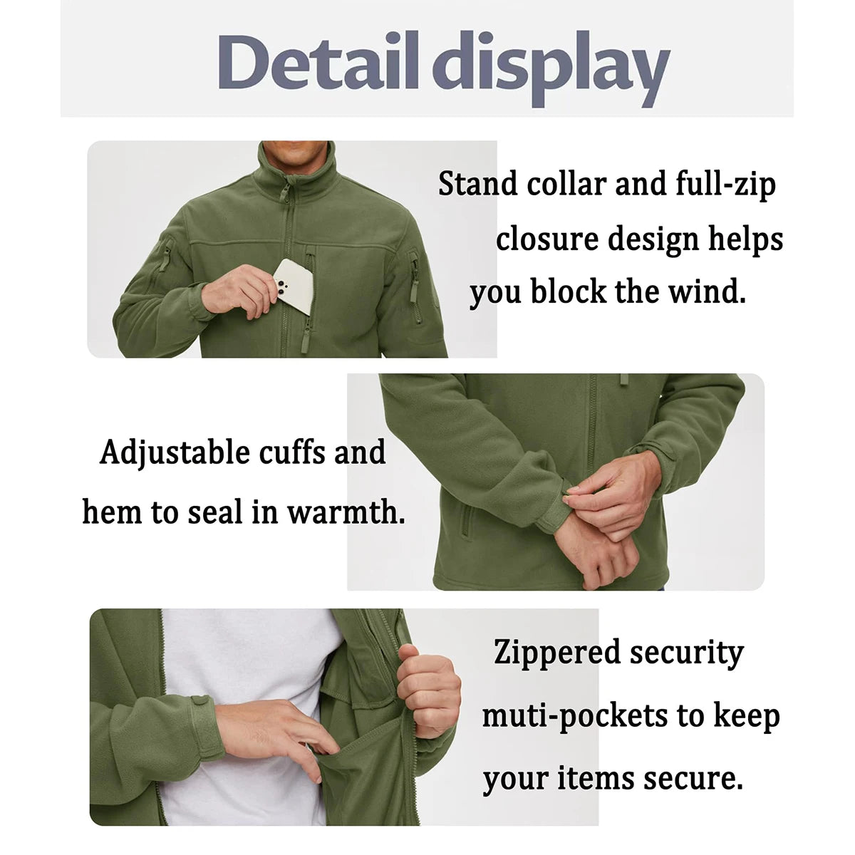 Men's Full Zip Fleece Hiking Windbreaker — Multi-Pocket Outdoor Work Jacket