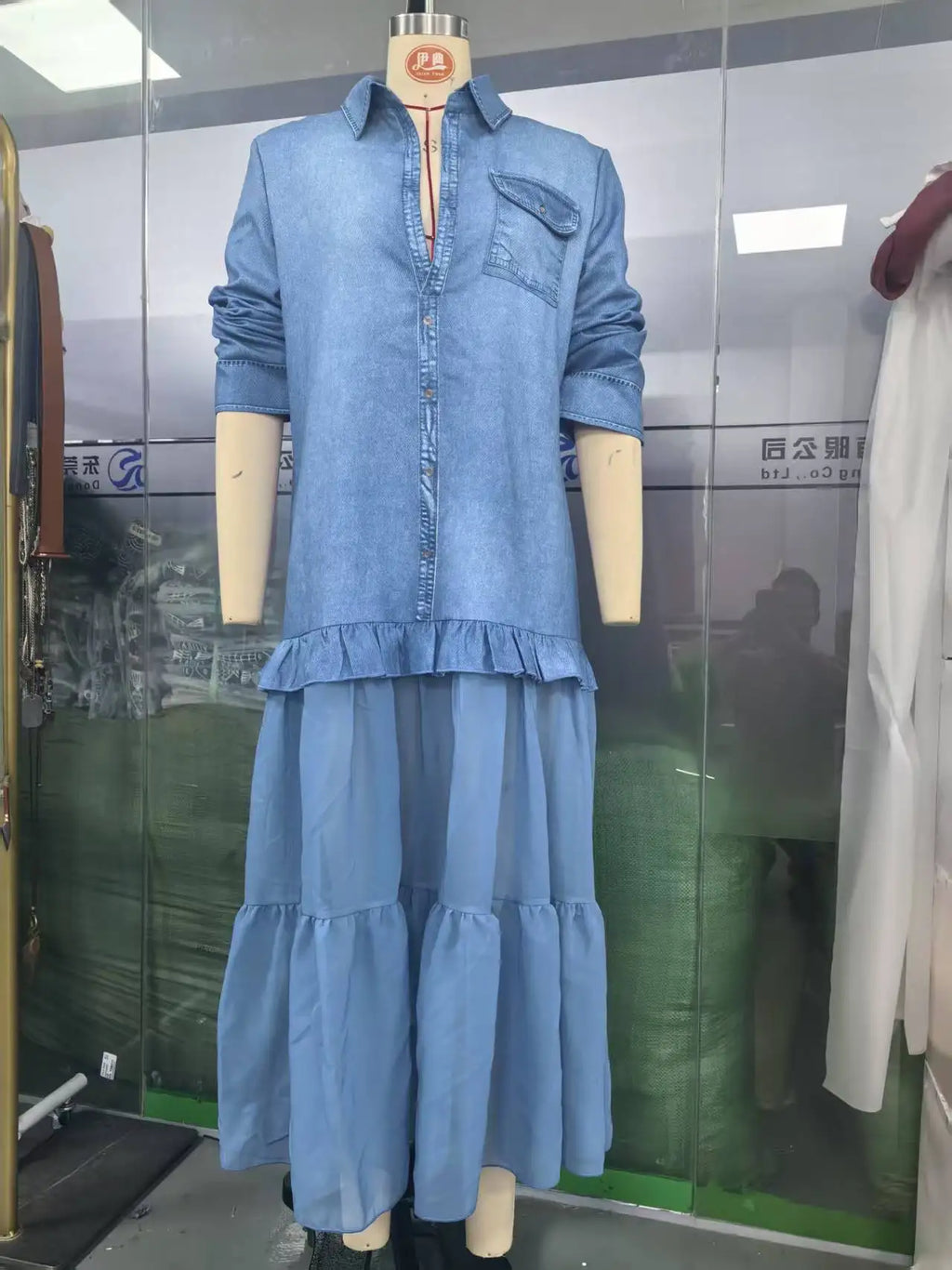 Denim Dress Women Dresses A Line Turn Down Collar Full Sleeve Ruffled Vintage Elegant Mesh Splice Work Causl Y2k Streetwear 2026