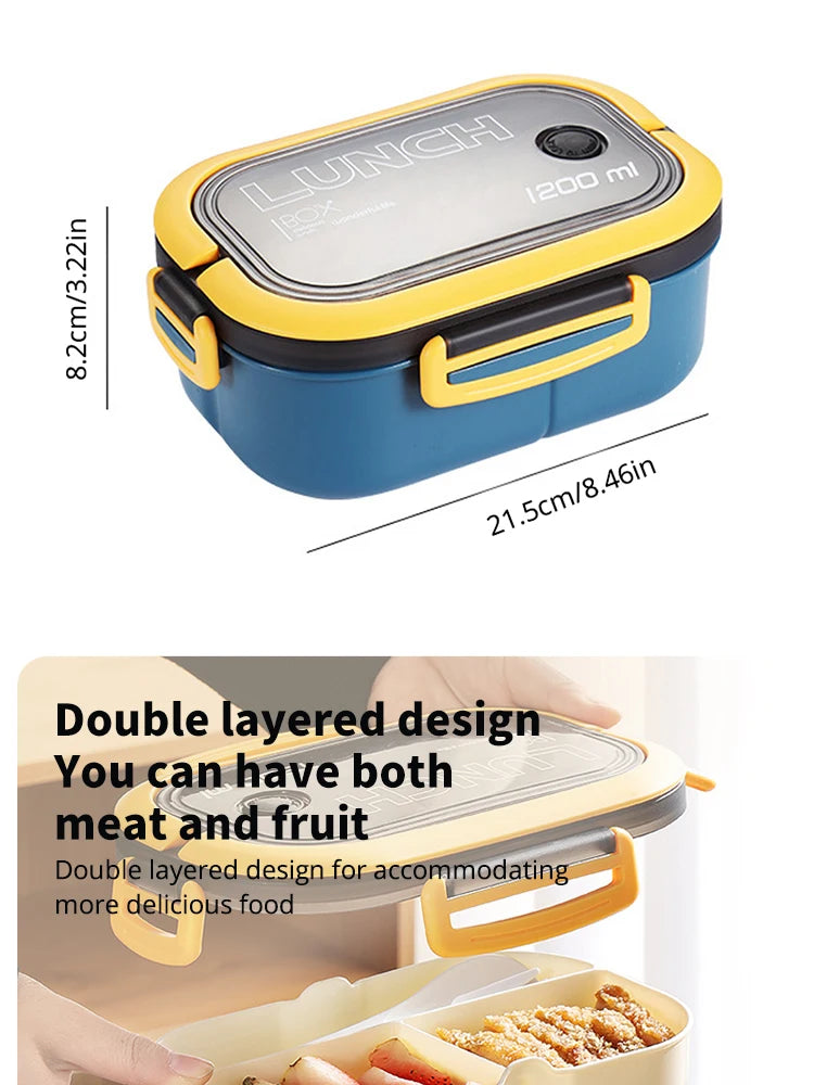 Blue and yellow lunch box with dimensions and a double-layered design feature.