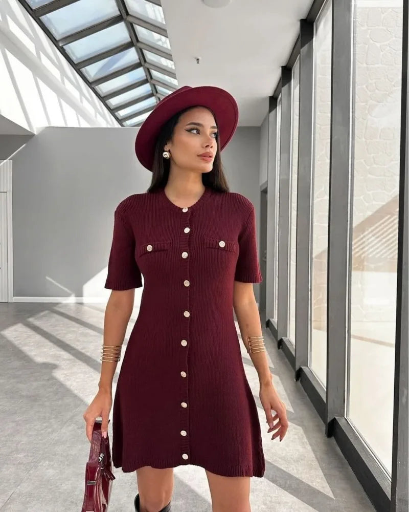 Elegant Knit Rib Mini Dress — High Waist Short Sleeve Bodycon Sweater Dress