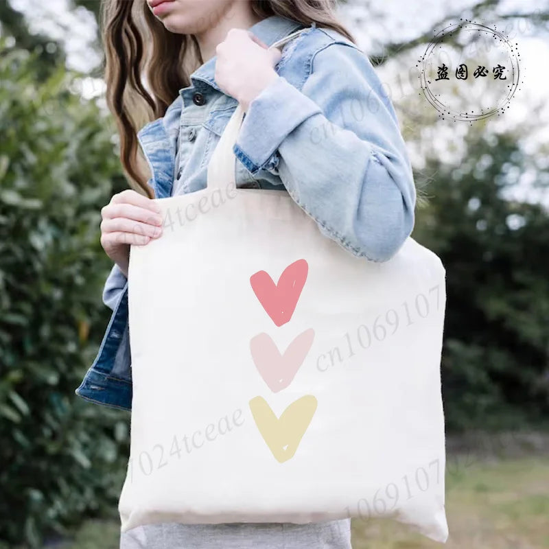 Harajuku Watercolor Heart Print Canvas Shopper Bag – Large Capacity Minimalist Shoulder Bag for Women