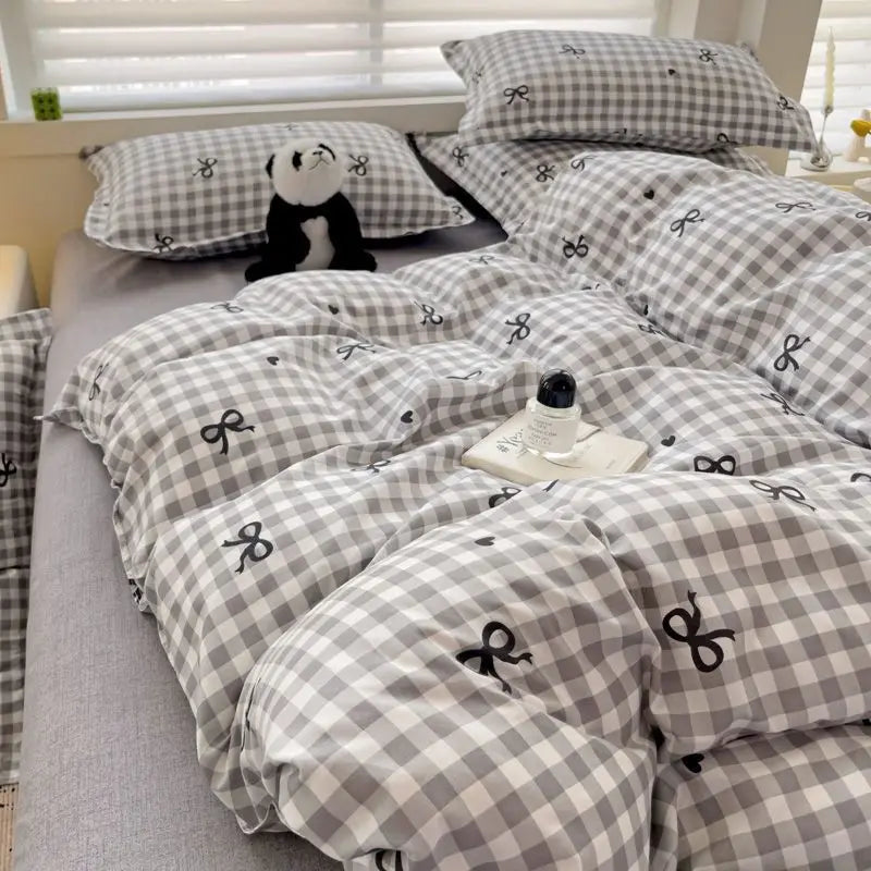 Pink Plaid Duvet Cover Set – Soft Flat Sheet & Pillowcase, Twin to Queen, Boys & Girls