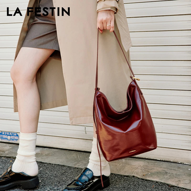 LA FESTIN Genuine Leather Bucket Bag – Designer Crossbody Shoulder Handbag for Women