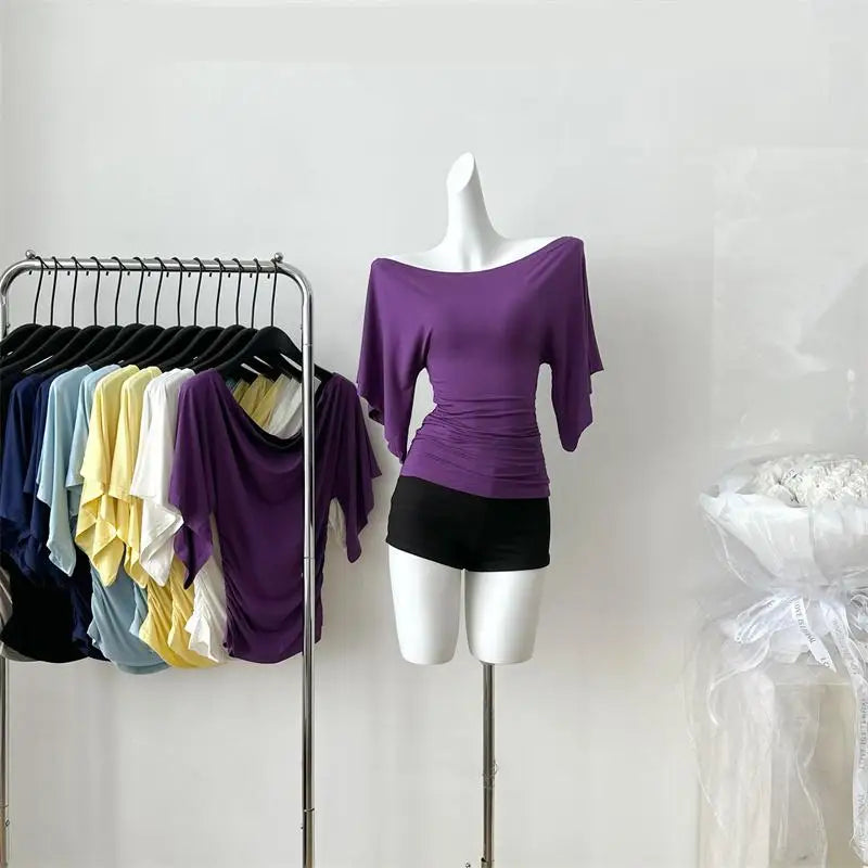 Women's Slash Neck Flare Sleeve Slim Pleated T-Shirt – Sexy Solid Color Pullover Top