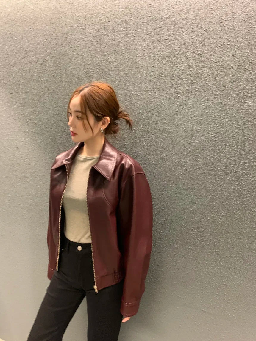 Women's Cropped Faux Leather Jacket – Lapel Zip Front