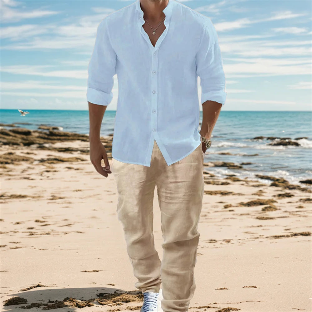 Men's Cotton Linen Long Sleeve Shirt & Pants Set – Lightweight Breathable Vacation Outfit