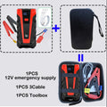 Emergency power pack set including a red and black 12V emergency supply with jumper clamps, a black 3 cable, and a black zippered toolbox, shown in a composite product listing graphic.