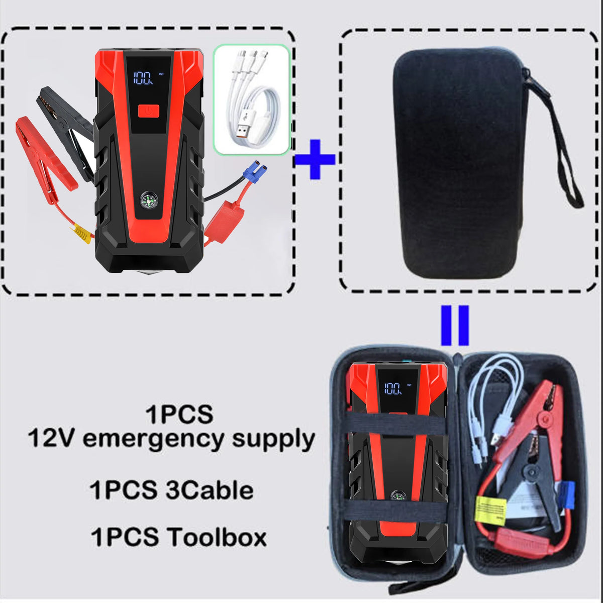 Emergency power pack set including a red and black 12V emergency supply with jumper clamps, a black 3 cable, and a black zippered toolbox, shown in a composite product listing graphic.