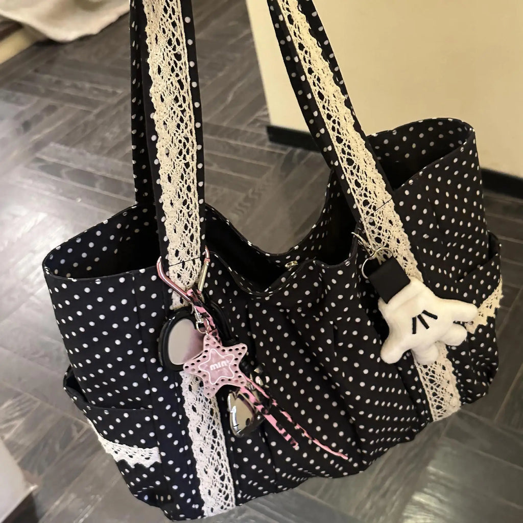 Korean Vintage Canvas Shoulder Bag – Cute Lace Large Capacity Tote & Underarm Handbag for Women