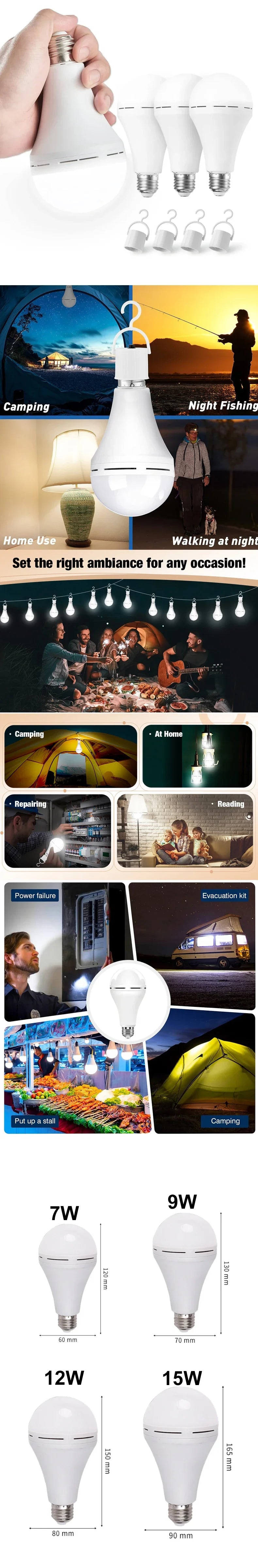 Rechargeable LED Emergency Bulb – 7W to 15W Portable Hanging Camping Lamp for Tent, Home & Power Outages