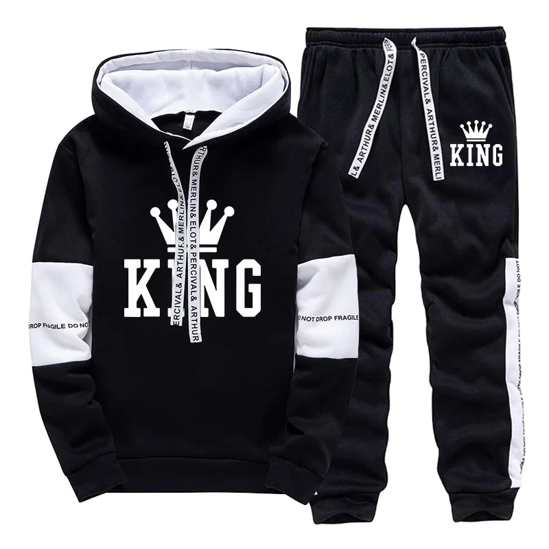 King Print Men's Hoodie & Sweatpants Set – Casual Outdoor Streetwear Tracksuit