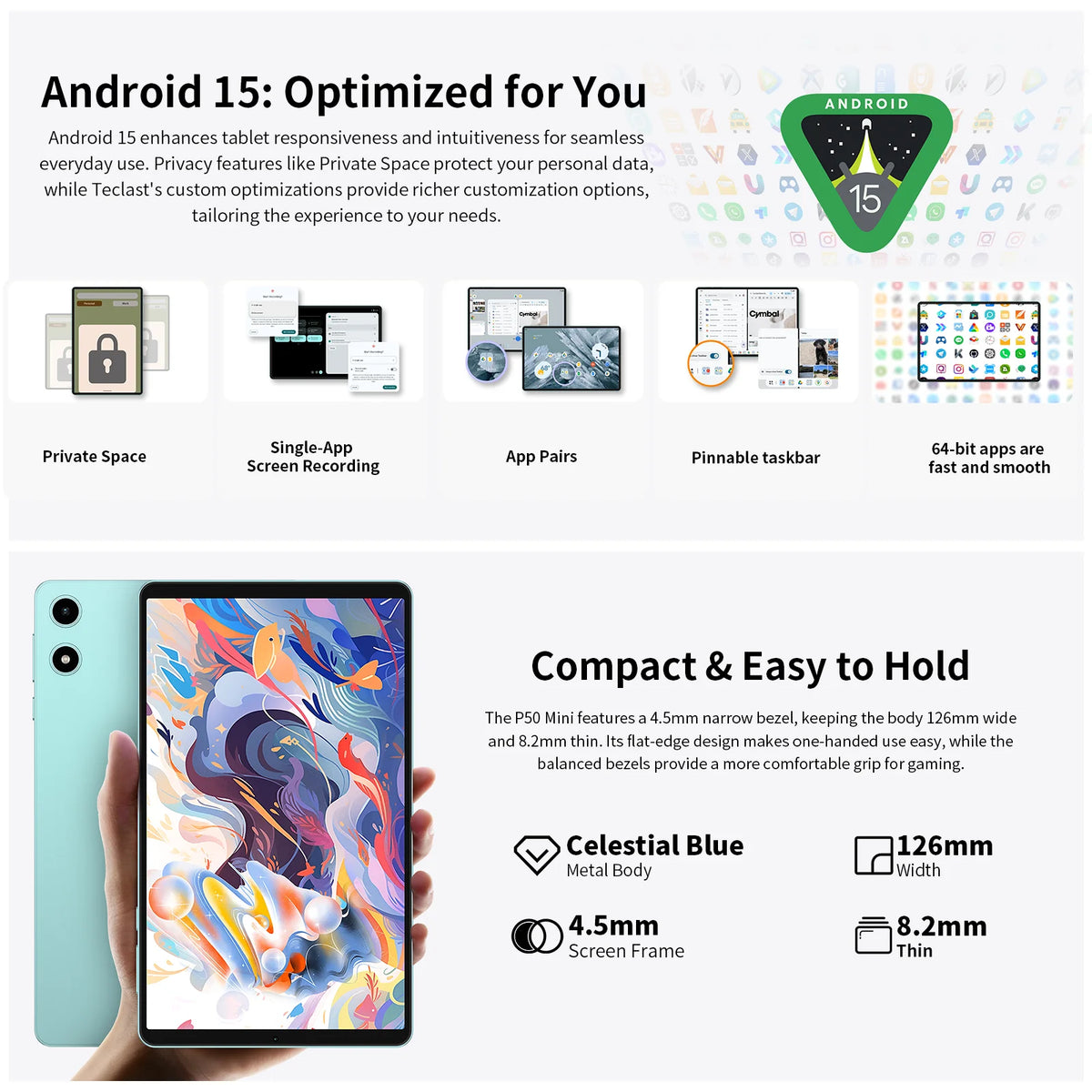 Teclast P50 Mini 8.7" Android 15 Tablet – 12GB RAM, 128GB, 90Hz, Widevine L1