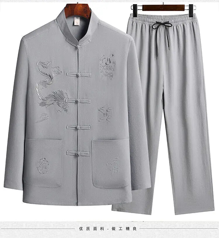 Men's Chinese Style Long Sleeve Shirt & Elastic Waist Pants Casual Set