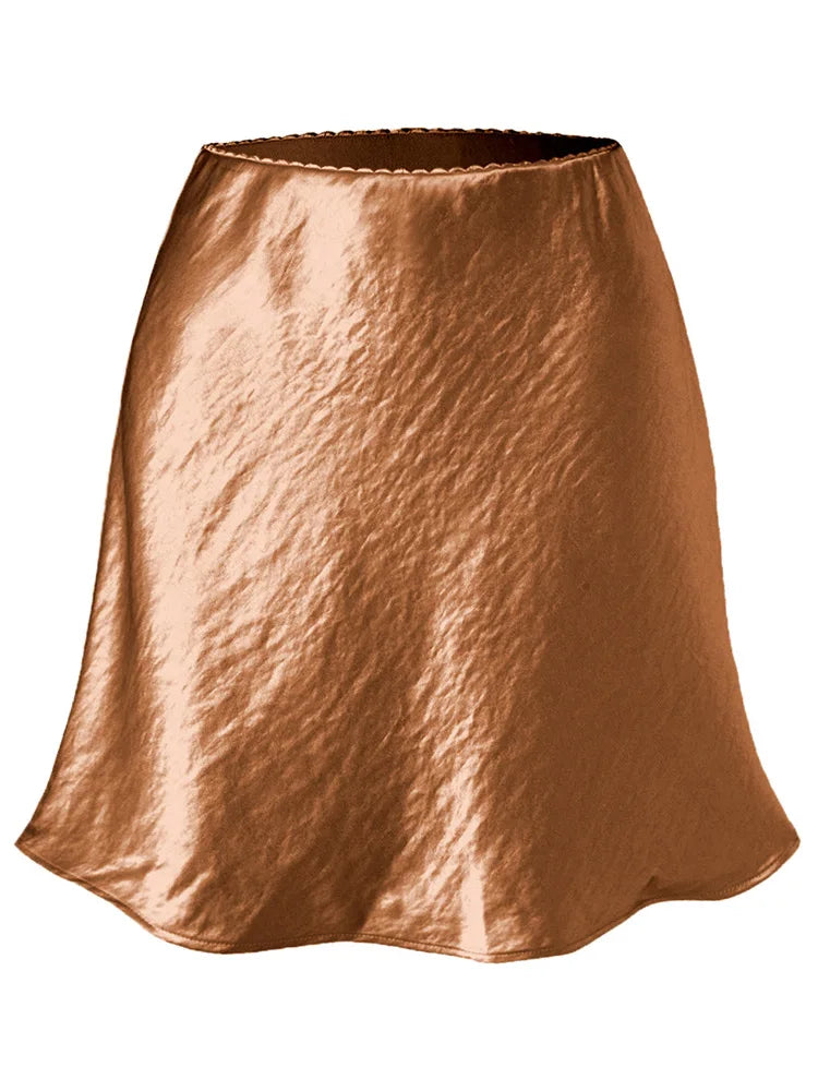 Women's Satin Mini Skirt – High Waist A-Line Luxury Office Wear in Black, Brown & Beige