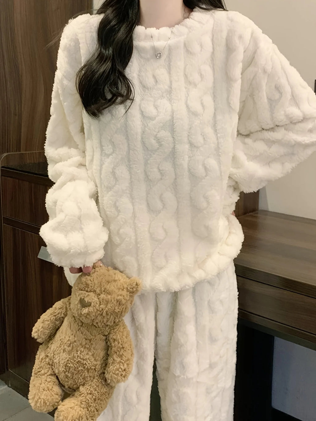 Women's Winter Plush Fleece Pajama Set – Thick Warm Jacquard Loungewear, 6 Colors