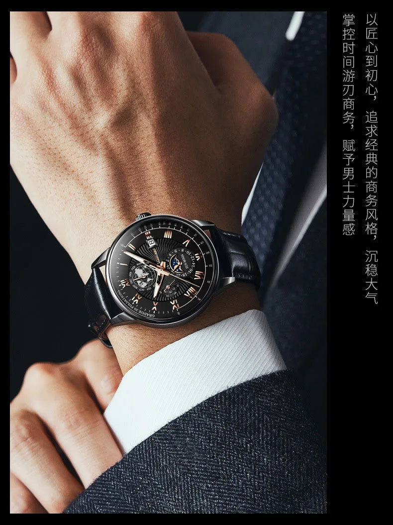 Men's Moon Phase Chronograph Quartz Watch | Luminous Leather Strap Luxury Sport Wristwatch