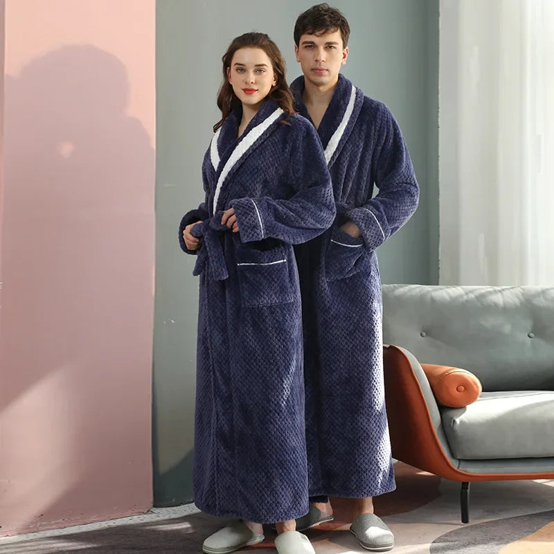 Thicken Flannel Couple Robe with Pockets | Long Winter Bathrobe Gown for Men & Women
