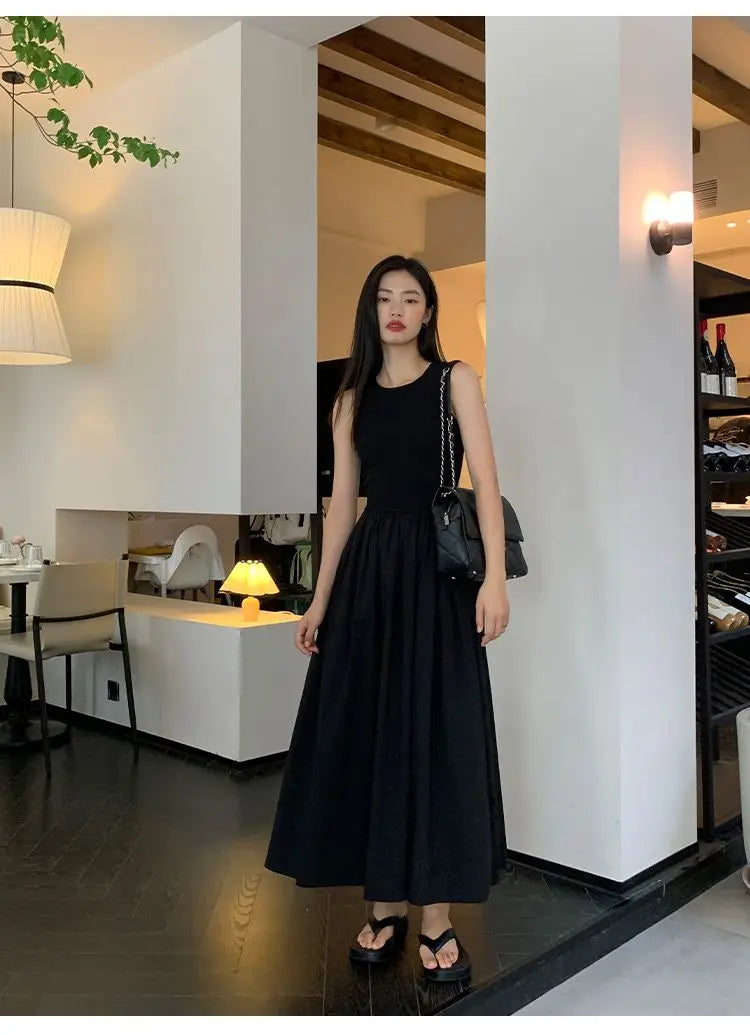 Women's Vintage Black Midi Dress – O-Neck Office Lady Casual Style with Pockets