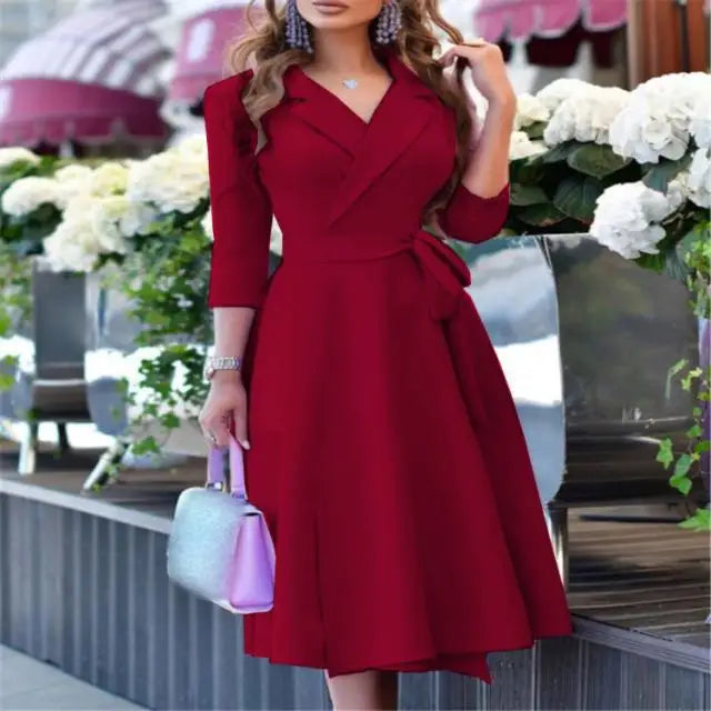 Women's Floral Printed Dress Turn-down Collar Ladies Fashion Elegant  Midi Dresses Vestidos Femenino Платье Женское Вечернее