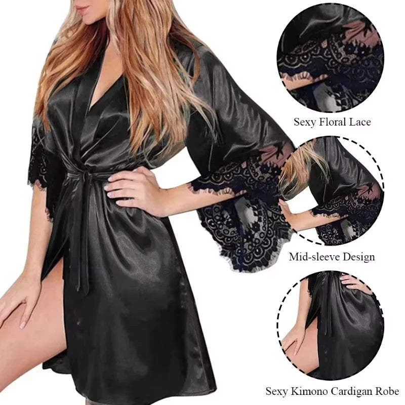 Women's Lace Floral Satin Night Gown Robe – Sexy French Silky Sleepwear with G-String