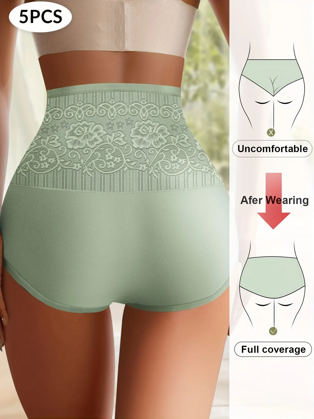 Women's High Waist Tummy Tuck Panties | 5-Pack Jacquard Hip-Hugging Cotton Briefs