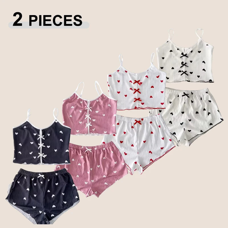 Women's Heart Print Frill Trim Cami Top & Shorts Loungewear | Soft Ribbed Pajama Set