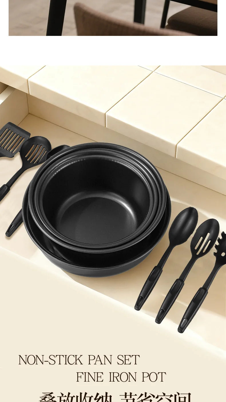 Portable pot set, kitchen pot non-stick pan, soup pan, saucepan, frying pan 13-piece set