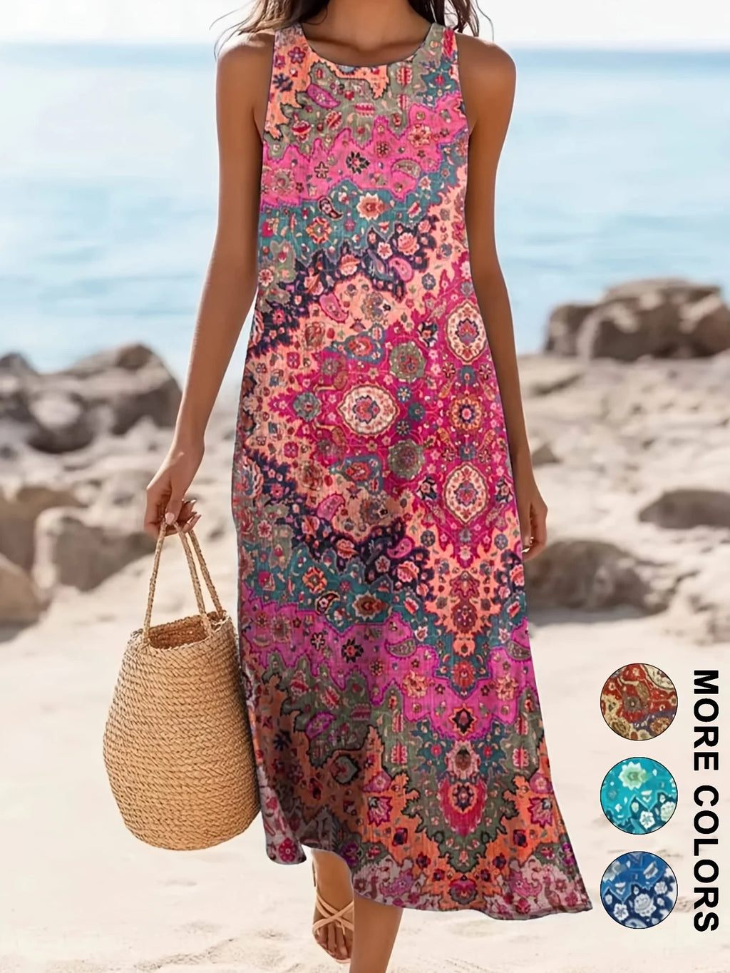 Women's Bohemian Floral Sleeveless MIDI Sundress with Pockets – Loose Sweetheart Beach Dress 2026