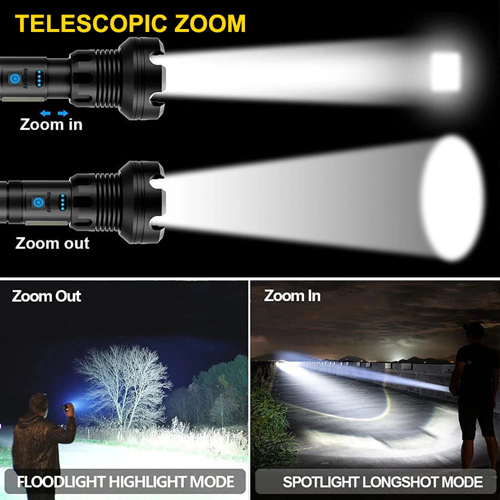 90000 Lumens XHP90 LED Tactical Flashlight – Rechargeable USB Zoomable 7-Mode Torch